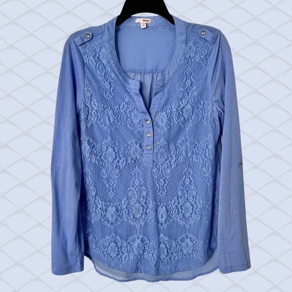 Blue Lace Front Top Size Large Sheer Chiffon Back Button Tab Sleeve Cornflower - Picture 1 of 9